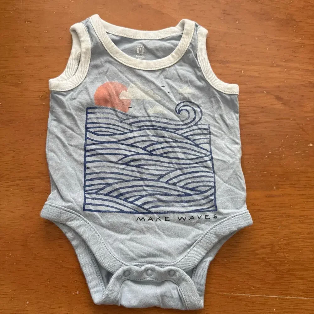 Baby Gap Blue Ocean Waves Summer Onesie Bodysuit Tank Romper Boy 0-3 Months
